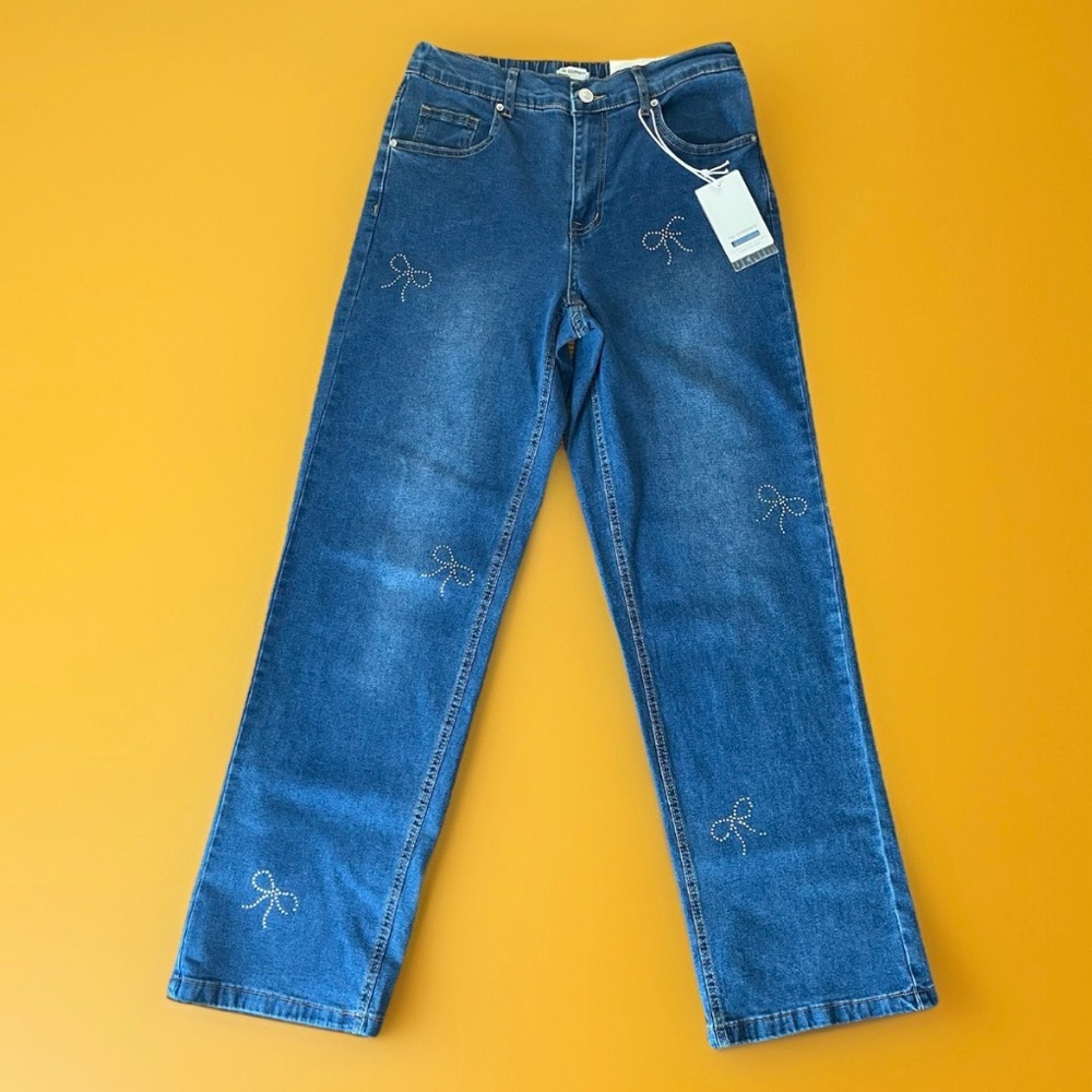 NWT Women’s No Comment Denim Blue Wide Leg Jeans Rhinestone Bows Sz M Flawed